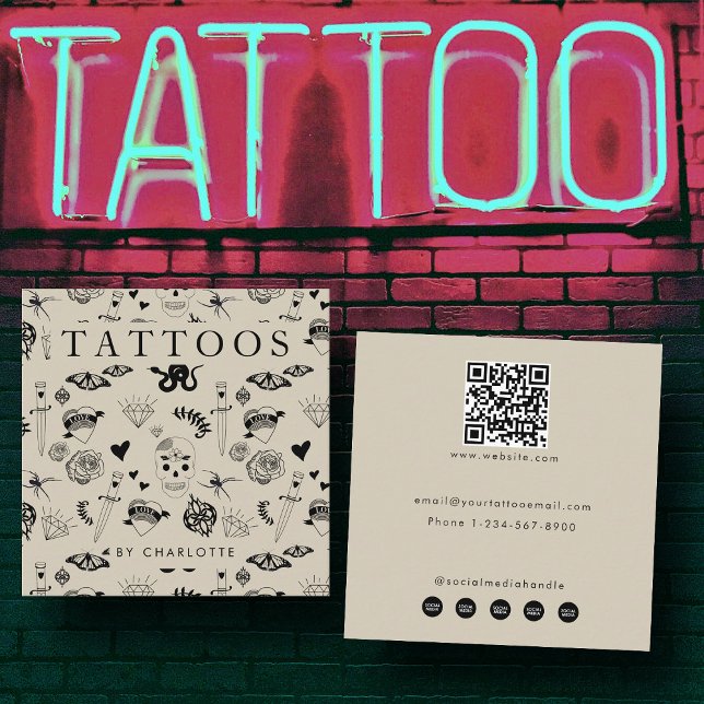 Beige Tattoo Artist Custom Social Media Icons Square Business Card (Beige Tattoo Artist Custom Social Media Icons Square Business Card)