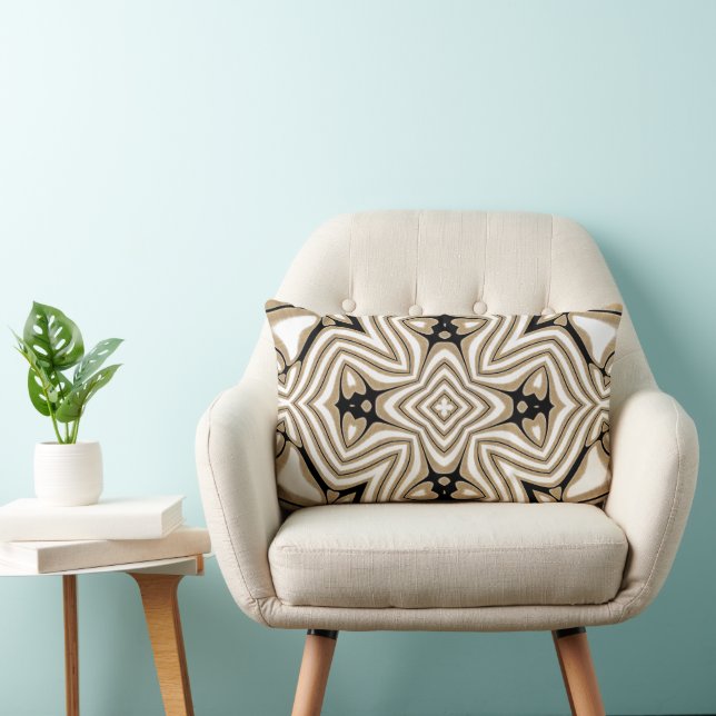 Beige Taupe Brown Black White Bohemian Tribe Art Lumbar Cushion (Chair)