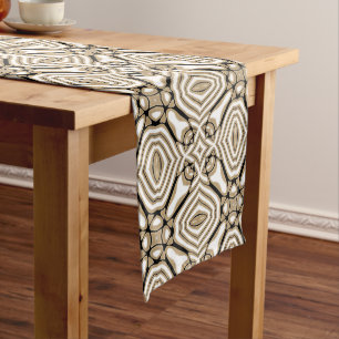 Beige Taupe Brown Black White Bohemian Tribe Art Medium Table Runner