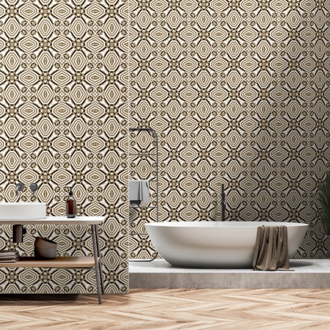 Beige Taupe Brown Black White Bohemian Tribe Art Wallpaper (Bathroom)