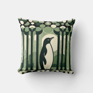 Beige Taupe Geometrical Retro 70s Penguin Forest Cushion
