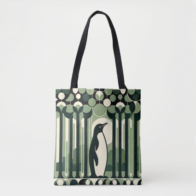 Beige Taupe Geometrical Retro 70s Penguin Forest Tote Bag (Front)