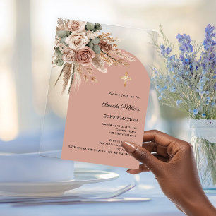 Beige taupe roses pampas arch clear Confirmation Acrylic Invitations