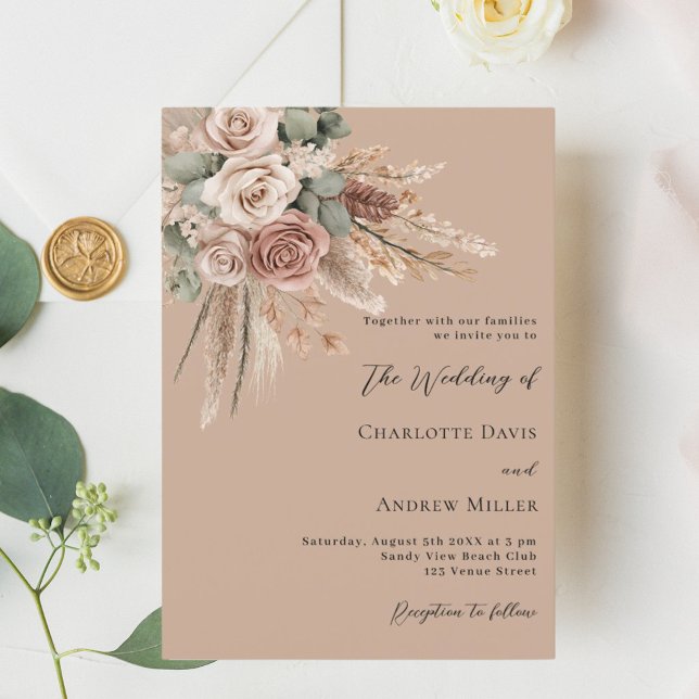 Beige taupe roses pampas grass greenery wedding invitation (Creator Uploaded)