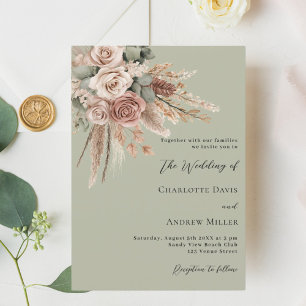 Beige taupe roses pampas grass sage green wedding invitation