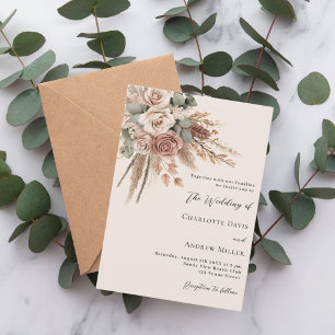 Beige taupe roses pampas grass wedding invitation