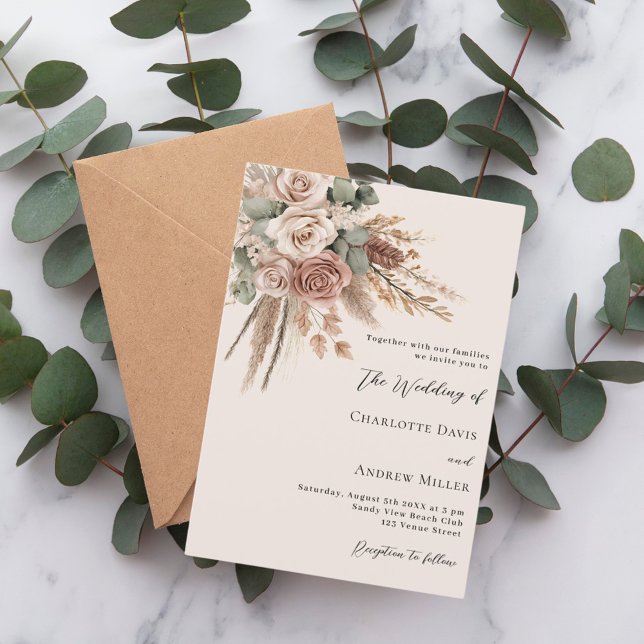 Beige taupe roses pampas grass wedding invitation (Creator Uploaded)