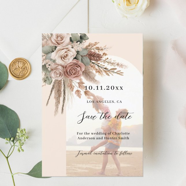 Beige taupe roses pampas photo arch wedding save the date (Creator Uploaded)