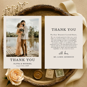 Beige Taupe Script Wedding Photo Thank You Card