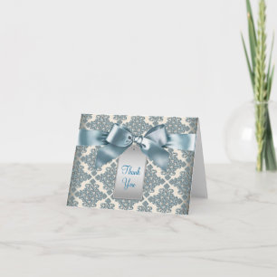 Beige Teal Blue Damask Thank You Cards