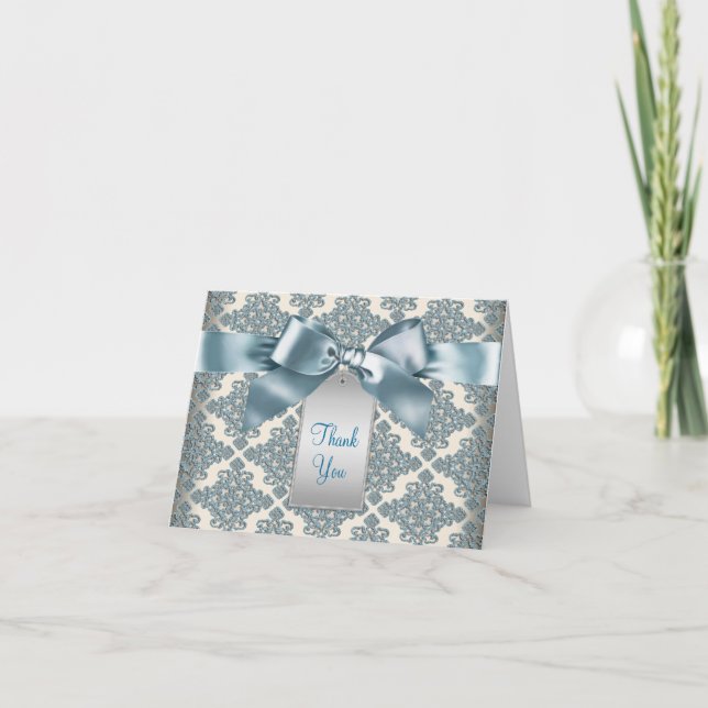 Beige Teal Blue Damask Thank You Cards (Front)