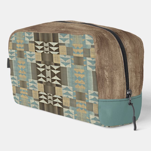 Beige Teal Blue Green Taupe Brown Tribal Pattern Dopp Kit (Right Corner)