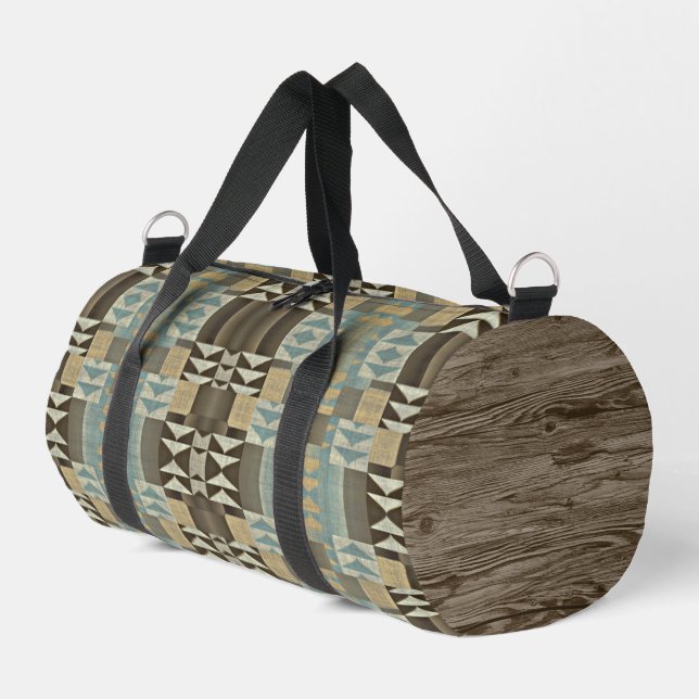Beige Teal Blue Green Taupe Brown Tribal Pattern Duffle Bag (Left Corner)