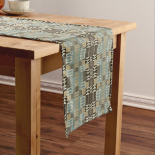 Beige Teal Blue Green Taupe Brown Tribal Pattern Medium Table Runner