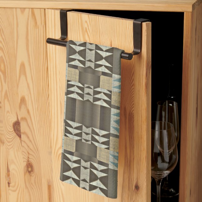 Beige Teal Blue Green Taupe Brown Tribal Pattern Tea Towel (Thirds Fold)