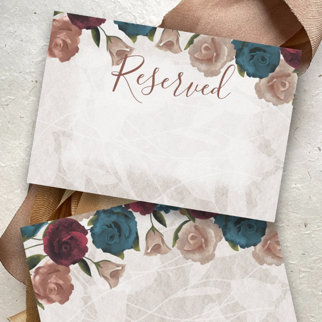 Beige, Teal Green, Burgundy Rose Wedding Reserved Card (beige, mauve, beige, teal roses reserved place card, wedding escort card, chair seating name card)