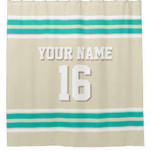 Beige Teal White Stripes Sports Jersey Shower Curtain