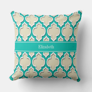 Beige Teal Wht Moroccan #4DS Teal Name Monogram Cushion