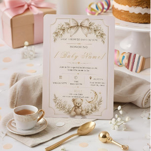 Beige Teddy Bear Baby Shower Invite