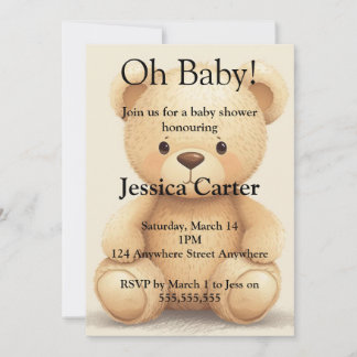 Beige Teddy Bear Gender Neutral Baby Shower Invitation