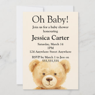 Beige Teddy Bear Gender Neutral Baby Shower Invitation