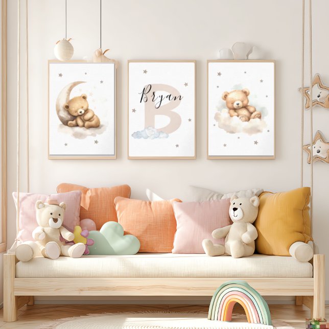 Beige Teddy Bear Nursery Wall Art Set Moon & Cloud (Creator Uploaded)