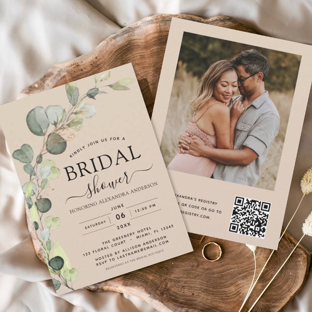 Beige Terracotta Bridal Shower QR Code Eucalyptus Invitation (Creator Uploaded)