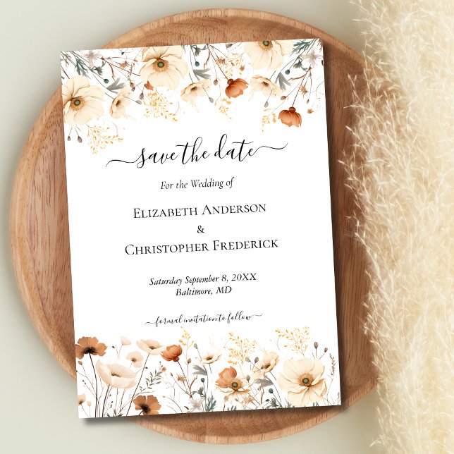 Beige Terracotta Wildflowers QR Code Boho Wedding Save The Date (Boho Wildflowers in Beige Terracotta Rust Wedding Save the Date card)
