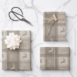 Beige Texture Plaid With Deer Stylish Christmas Wrapping Paper Sheet