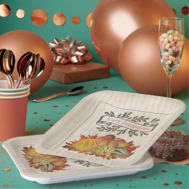 Beige Thanksgiving Pumpkins and Squash Paper Plate (Multi)