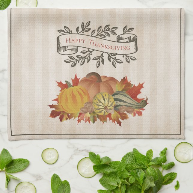 Beige Thanksgiving Pumpkins and Squash Tea Towel (Folded)