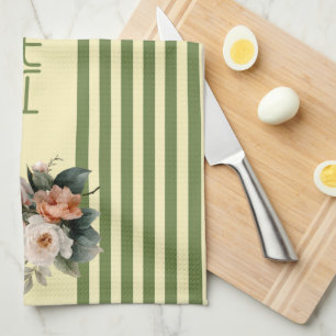 Beige Top with Olive Green Stripes Floral Tea Towel
