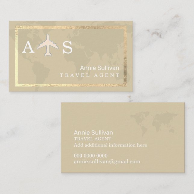 Beige Travel Agent Airplane World Map Business Card (Front/Back)