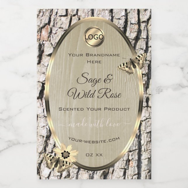 Beige Tree Bark Gold Frame Product Labels Add Logo (Single Label)