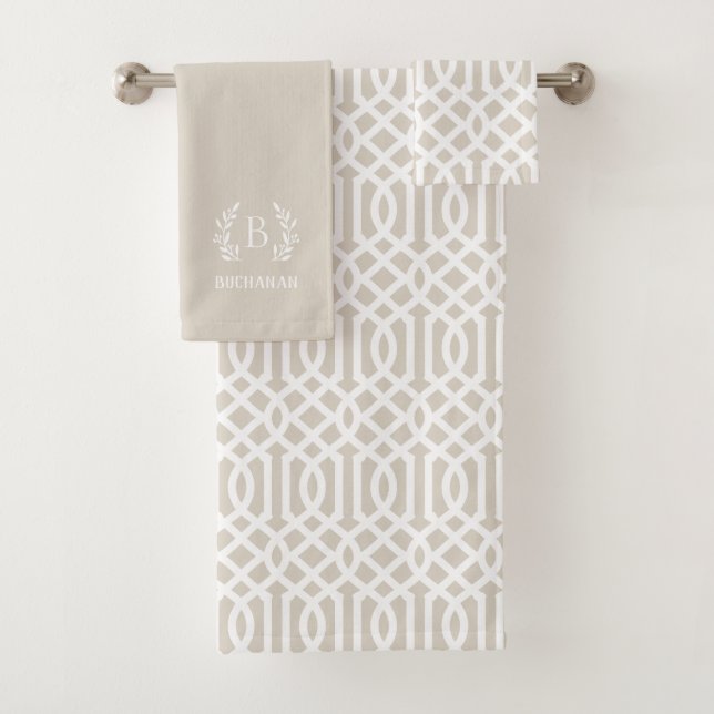 Beige Trellis and Branch Monogram Bath Towel Set (Insitu)