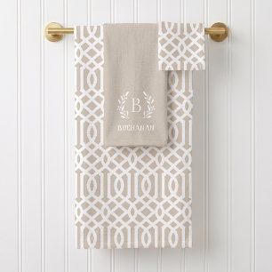 Beige Trellis and Branch Monogram Farmhouse Bath Towel Set