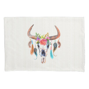 Beige Tribal And Bull Skull Pattern Pillowcase