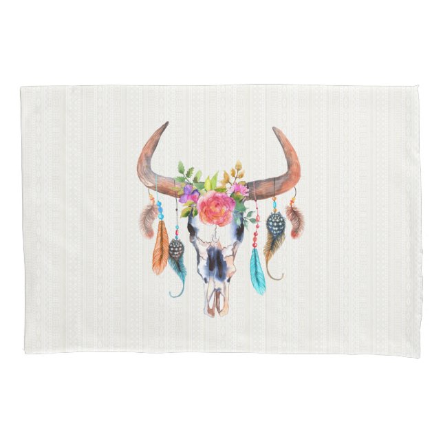 Beige Tribal And Bull Skull Pattern Pillowcase (Front)