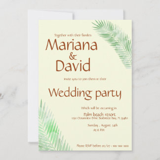 beige tropical wedding invitation with green palm