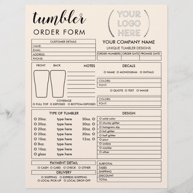 Beige Tumbler Mug Cup Order Form Flyer (Front)