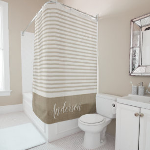 Beige Turkish Stripes Monogram   Farmhouse Bath Shower Curtain