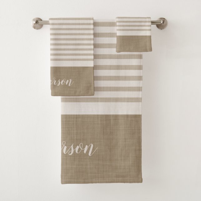 Beige Turkish Stripes Monogram | Farmhouse Bath Towel Set (Insitu)
