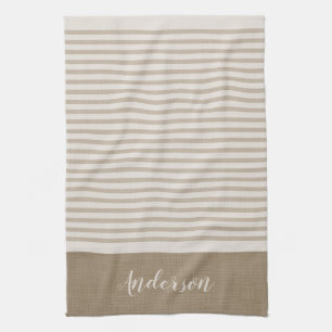 Beige Turkish Stripes Monogram   Farmhouse Tea Towel