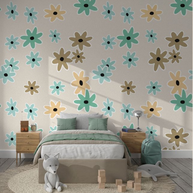 Beige Turquoise Teal Blue Green Flowers Pattern Wallpaper (Creator Uploaded)
