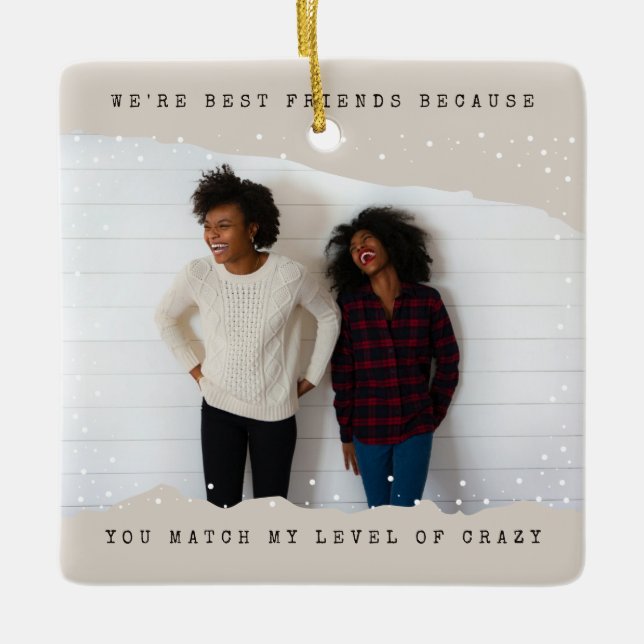 Beige | Two Photo Typewriter Best Friend Holiday Ceramic Ornament (Front)