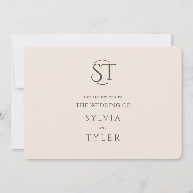 Beige Typography Crest Monogram Wedding Invitation (Front)