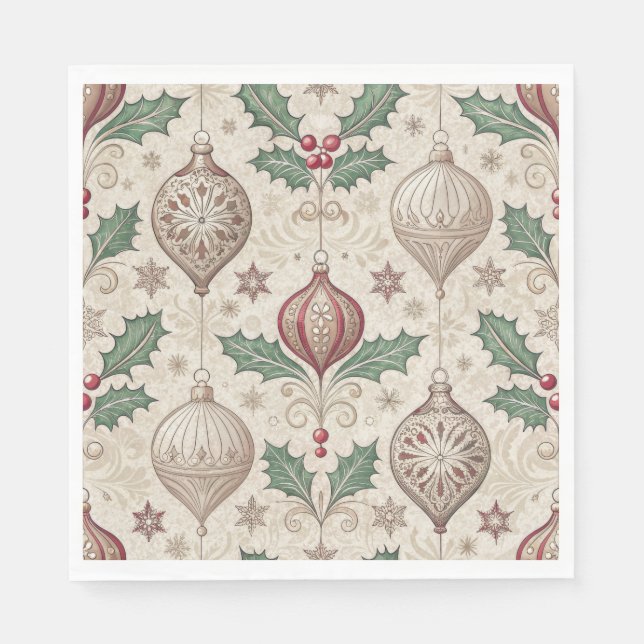 Beige Vintage Bauble Christmas Holiday Napkin (Front)
