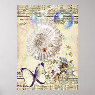 beige vintage butterfly seashell French botanical Poster