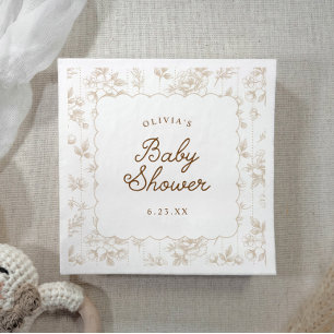 Beige Vintage Floral Toile Scalloped Baby Shower Napkin