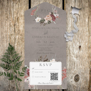Beige Vintage Floral Wreath QR Code All In One Invitation